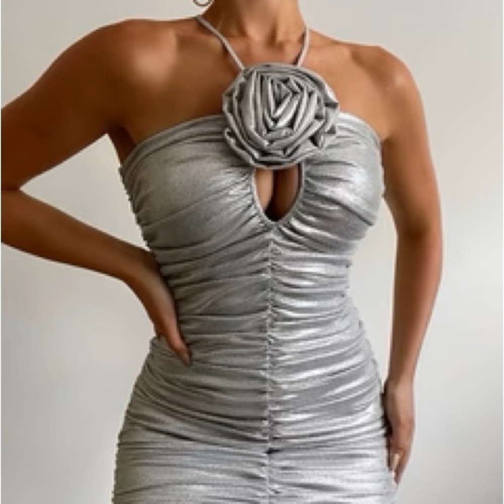 RUNAWAY THE LABEL Viola Silver Rose Flower 3D Rosette Halter Mini Dress